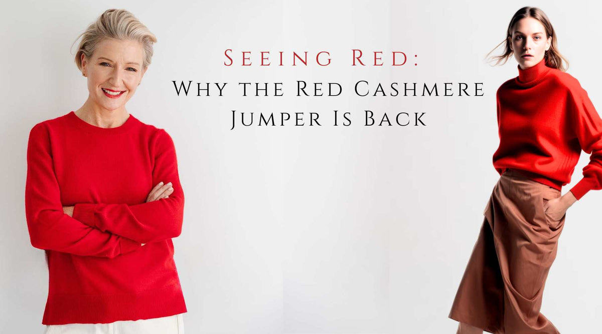 Karen, founder of Wearwith, wearing a red pure cashmere jumper beside a red fashion shot, with the title “Seeing Red: Why the Red Cashmere Jumper Is Back