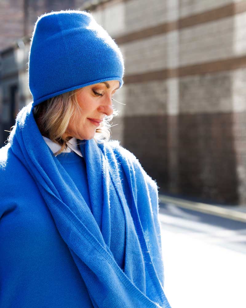 azure blue hat and scarf