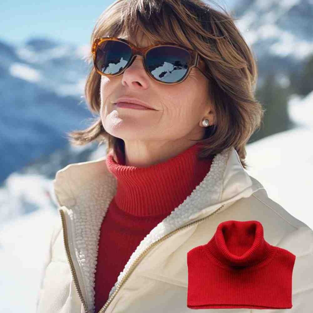 skier wearing a red cashmere polo in sustainable cashmere on the ski slopes