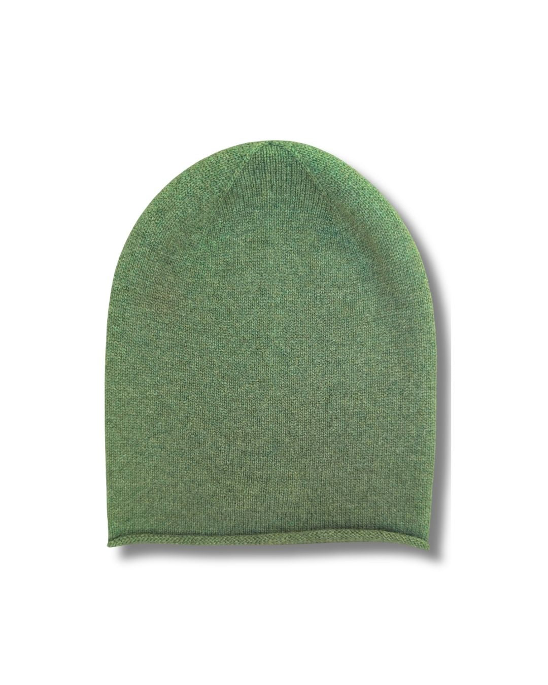 A green knit beanie hat shown