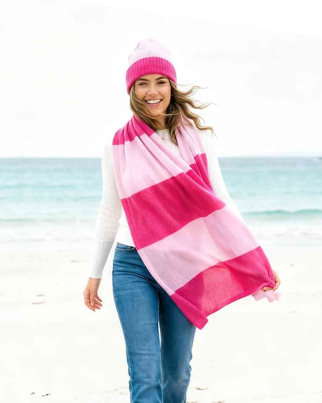 Pure cashmere featherlight travel scarf and hat in fuchsia peony stripe by Wearwith Ireland