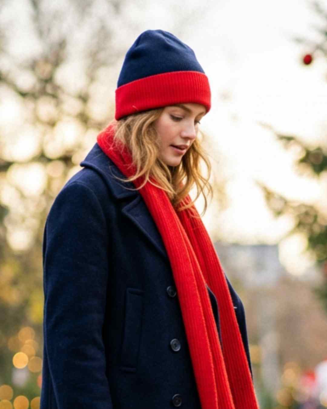 Irish woman wearing a Red Navy Cashmere hat with red cashmere scarf
