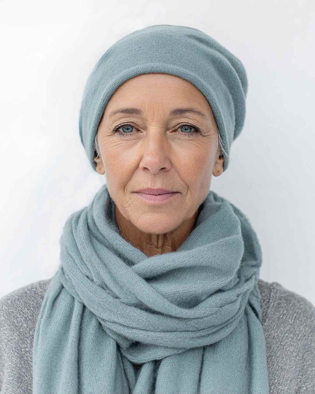 sage green hat and large scarf