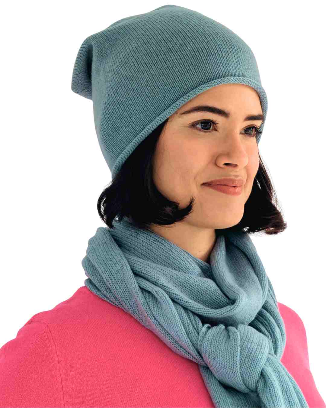 sage green 100% cashmere hat and large travel scarf