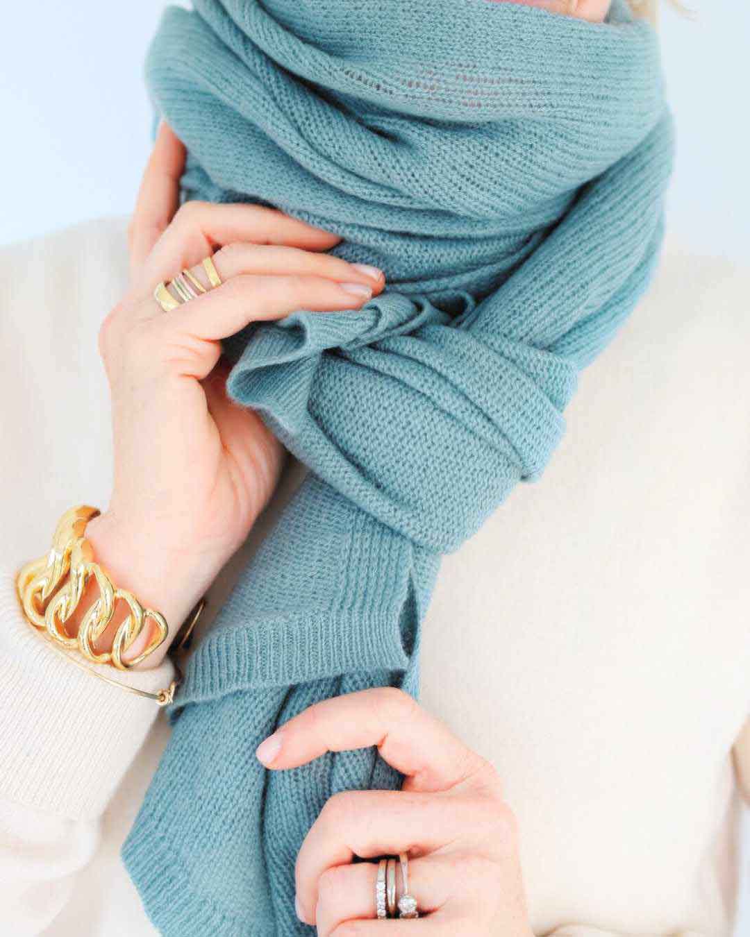 Pure cashmere featherlight scarf in luxurious drape showing texture and quality