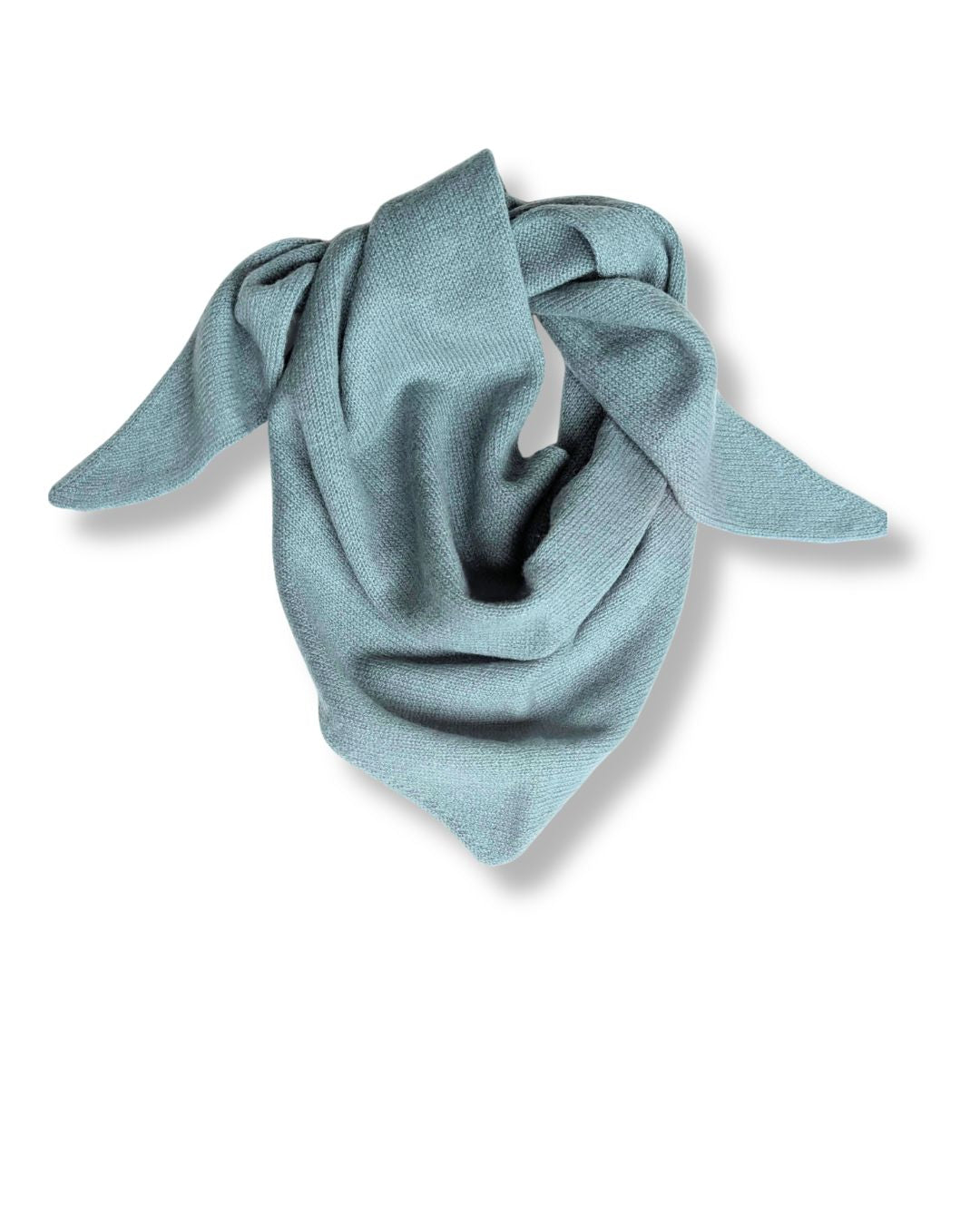 A sage green knit bandana or scarf, styled in a loose knot, shown against a plain white background with a soft drop shadow.