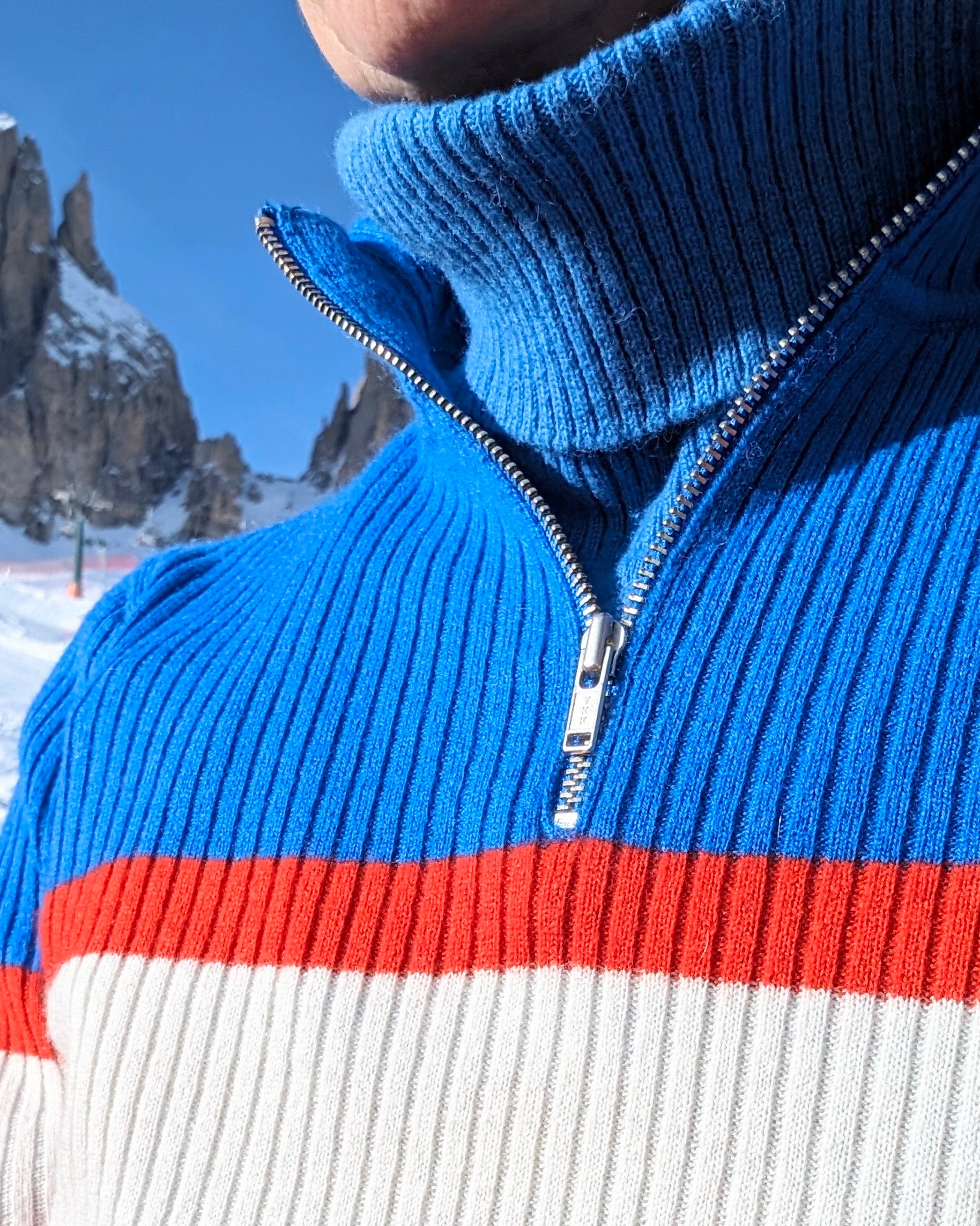 cobalt blue cashmere polo roll neck accessory for skiing