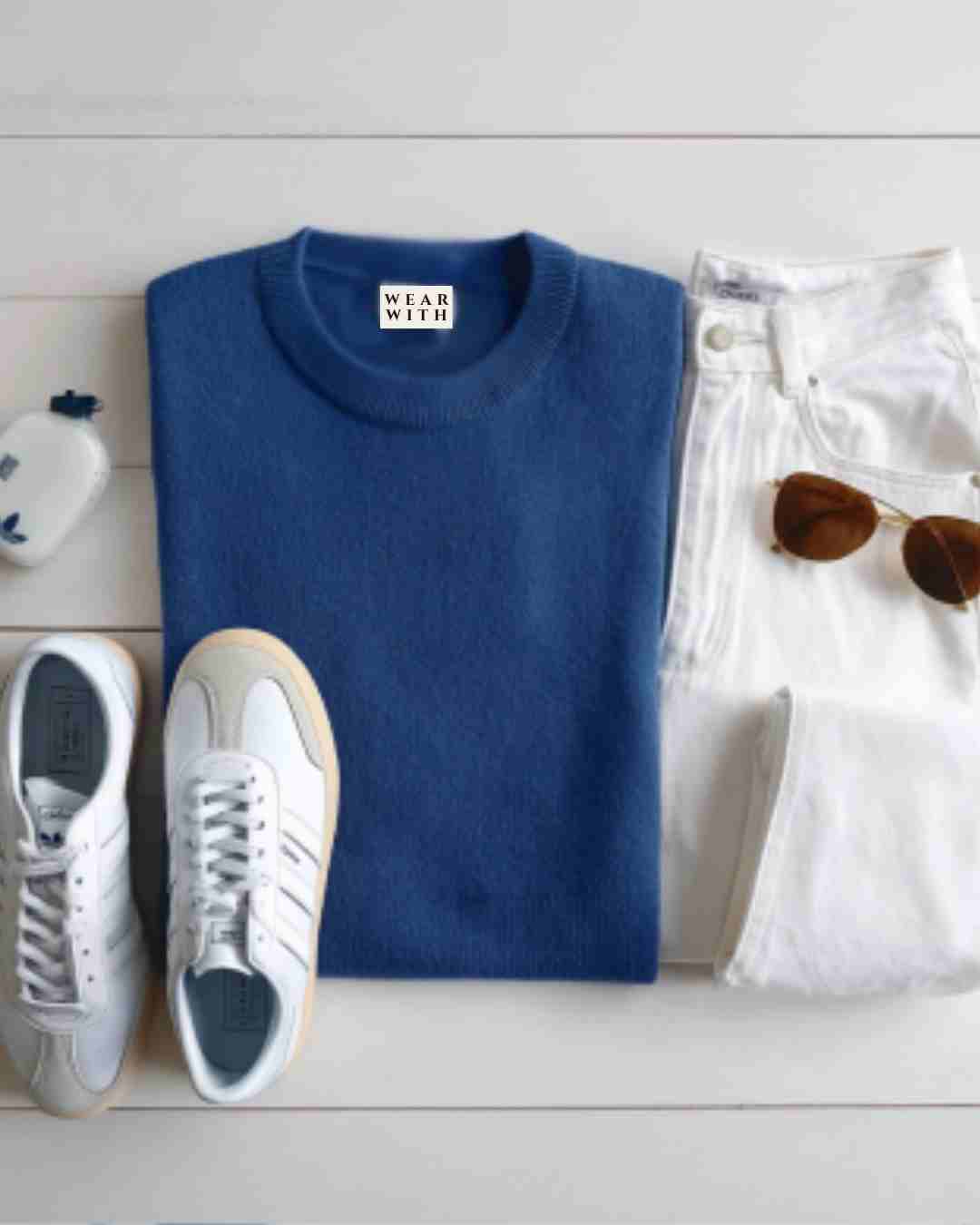blue cashmere jumper outfit white jeans