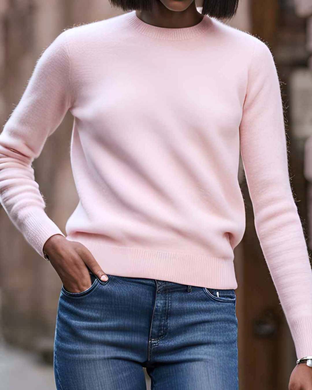 woman wearing a light pink pure cashmere sweater in Ireland