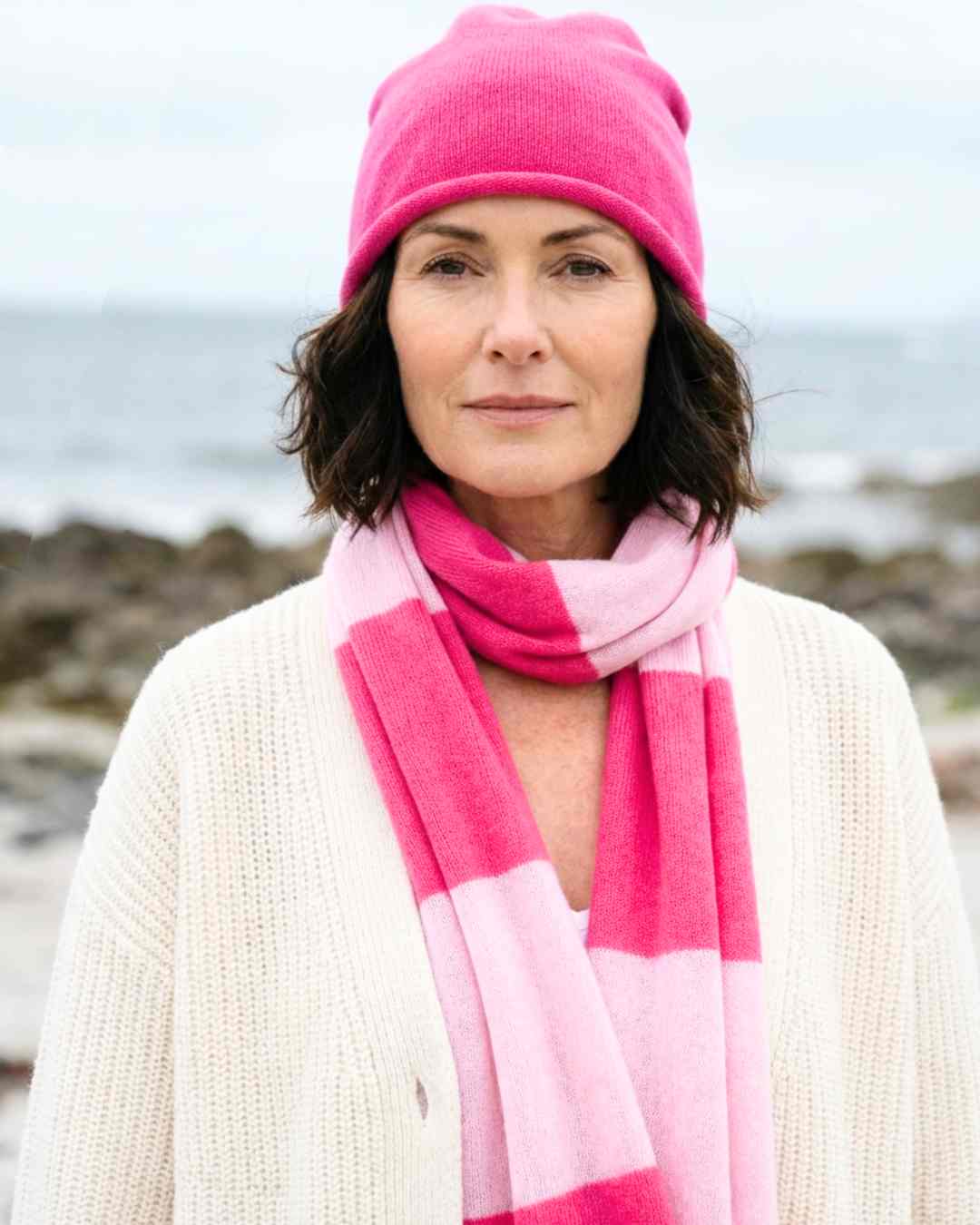 Peony and fuchsia pink stripe large cashmere scarf worn by woman in Ireland, Wearwith cashmere