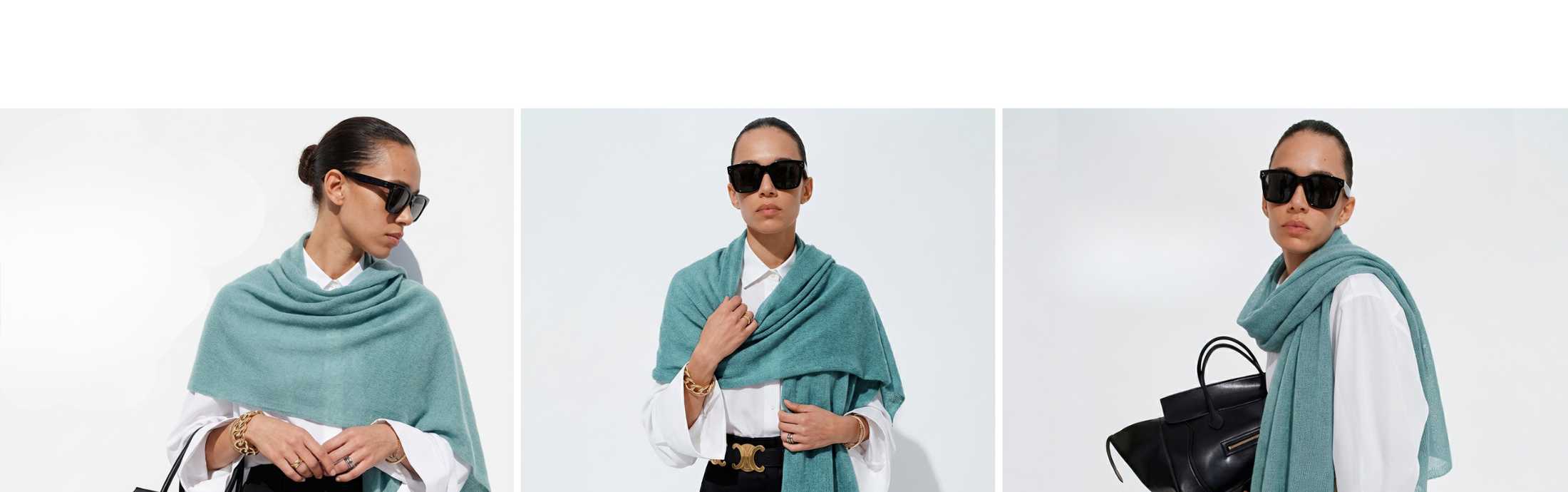 large cashmere scarf in Sage green worn as a shawl
