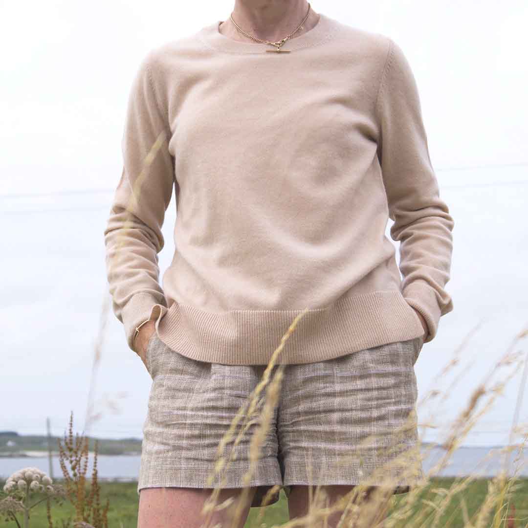 fawn cashmere sweater with shorts